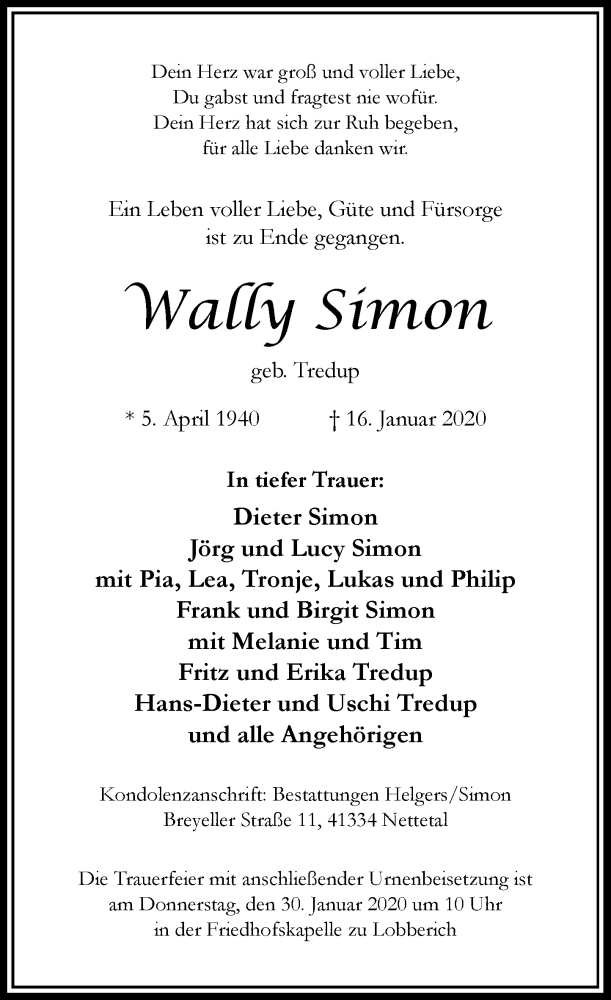  Traueranzeige für Wally Simon vom 18.01.2020 aus Rheinische Post