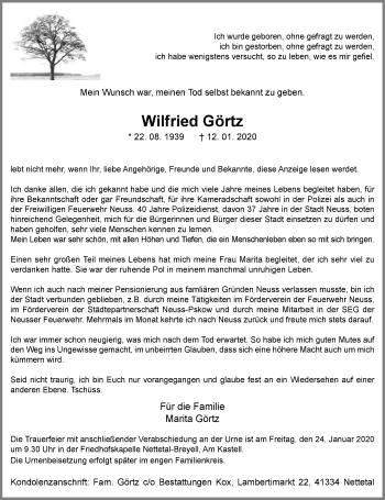 Traueranzeige von Wilfried Görtz von Rheinische Post