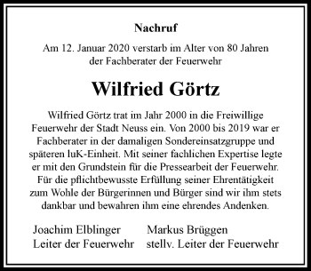 Traueranzeige von Wilfried Görtz von Rheinische Post