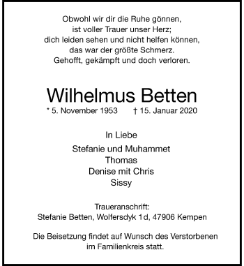 Traueranzeige von Wilhelmus Betten von Rheinische Post