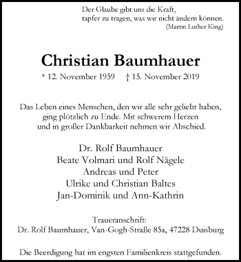 Traueranzeige von Christian Baumhauer von Rheinische Post