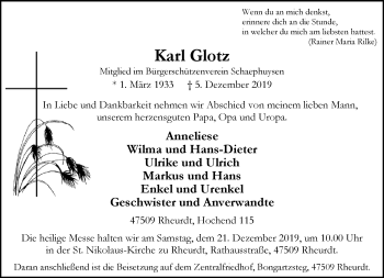 Traueranzeige von Karl Glotz von Rheinische Post