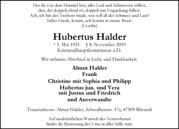 Traueranzeige von Hubertus Halder von Rheinische Post
