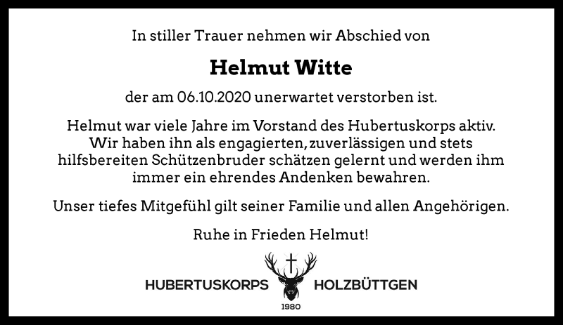  Traueranzeige für Helmut Witte vom 17.10.2020 aus Rheinische Post