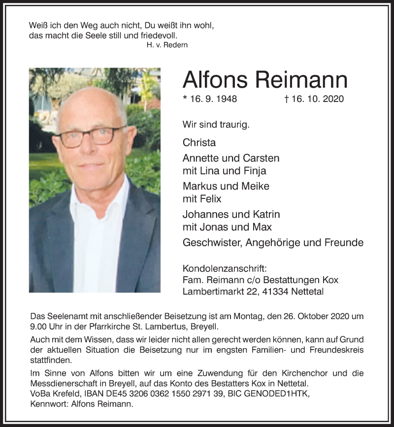  Traueranzeige für Alfons Reimann vom 21.10.2020 aus Rheinische Post