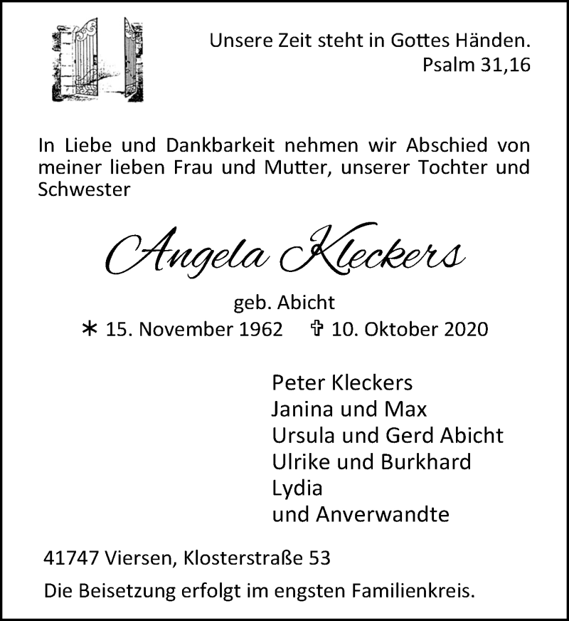  Traueranzeige für Angela Kleckers vom 17.10.2020 aus Rheinische Post