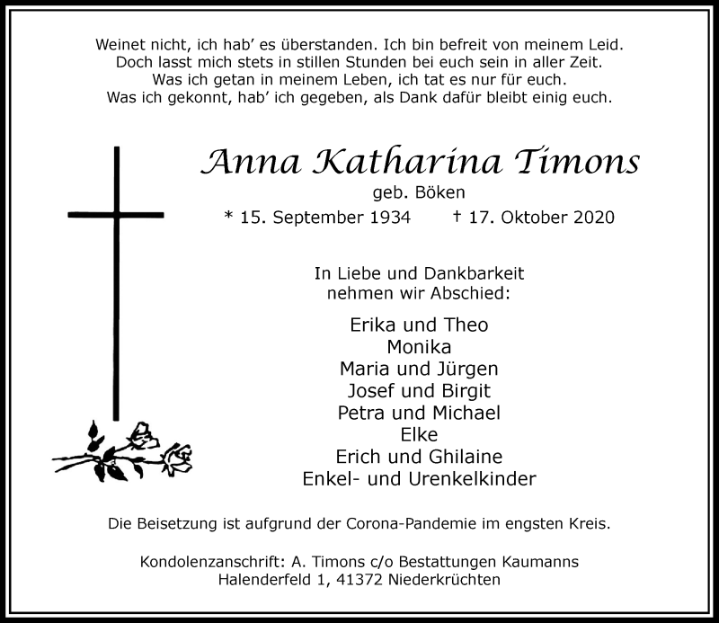  Traueranzeige für Anna Katharina Timons vom 24.10.2020 aus Rheinische Post