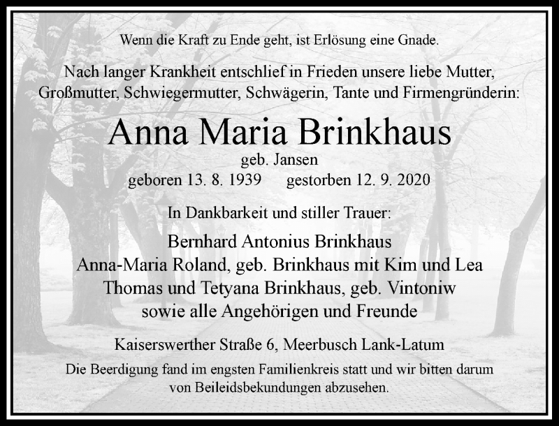 Alle Traueranzeigen f r Anna Maria Brinkhaus trauer.rp online.de