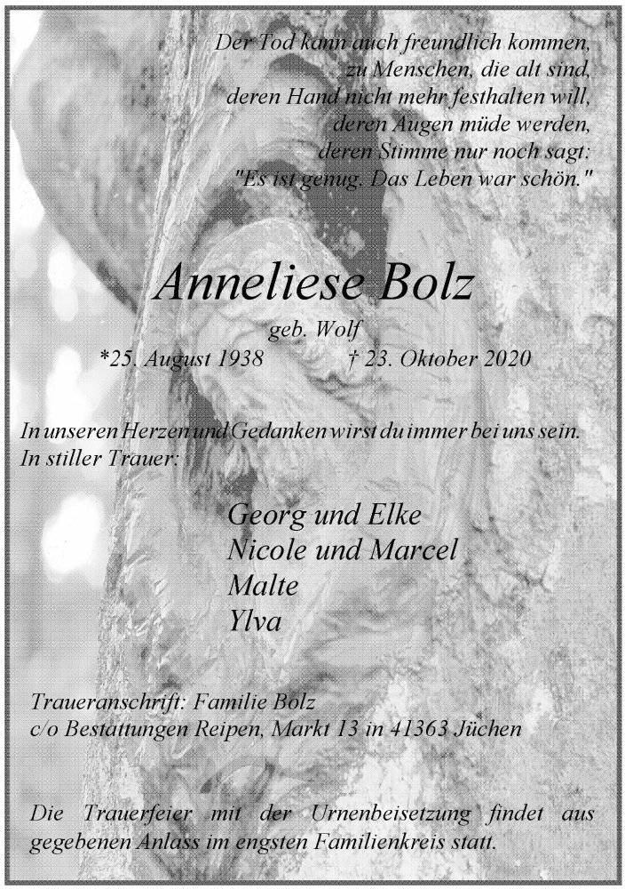 Traueranzeige für Anneliese Bolz vom 31.10.2020 aus Rheinische Post