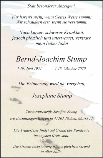 Traueranzeige von Bernd-Joachim Stump von Rheinische Post