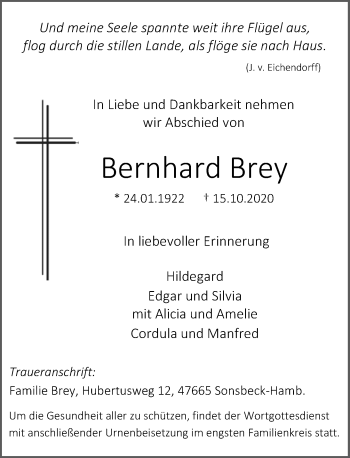 Traueranzeige von Bernhard Brey von Rheinische Post