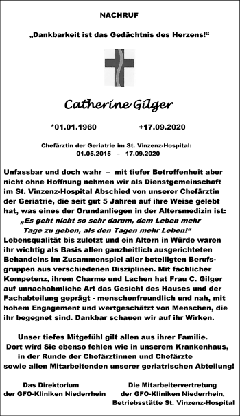 Traueranzeige von Catherine Gilger von Rheinische Post