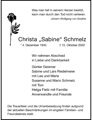 Traueranzeige von Christa  Schmelz von Rheinische Post