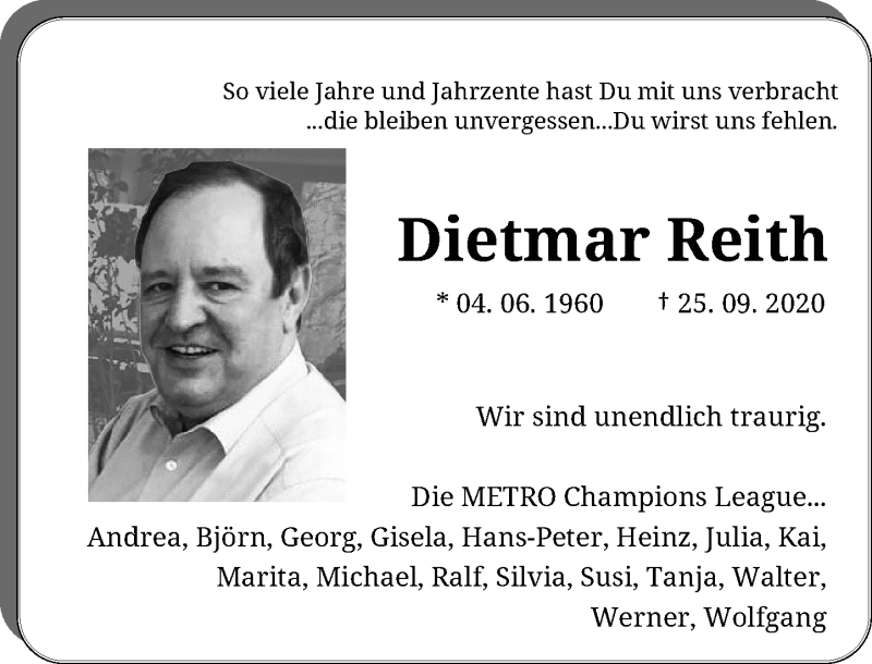  Traueranzeige für Dietmar Reith vom 19.10.2020 aus Rheinische Post