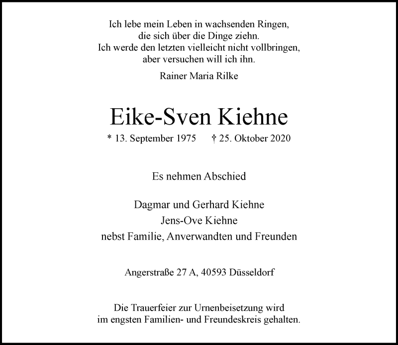 Traueranzeige für Eike-Sven Kiehne vom 31.10.2020 aus Rheinische Post