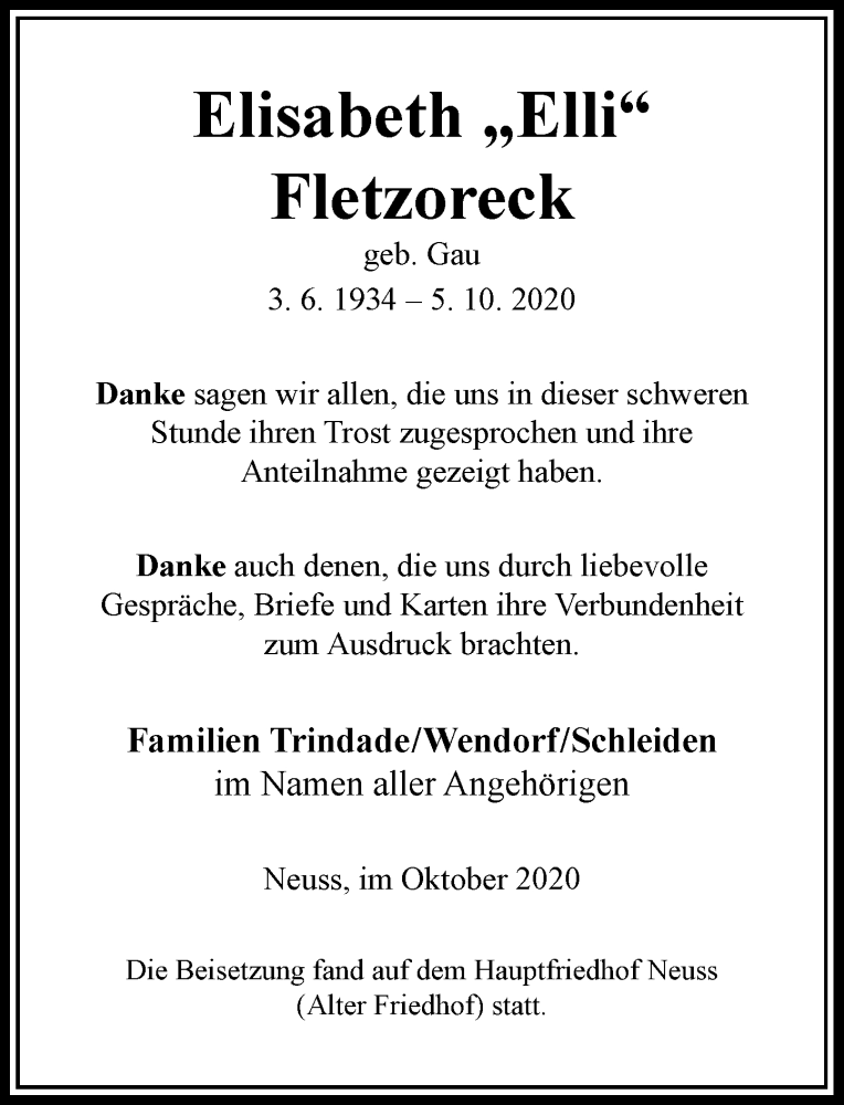  Traueranzeige für Elisabeth Fletzoreck vom 16.10.2020 aus Rheinische Post