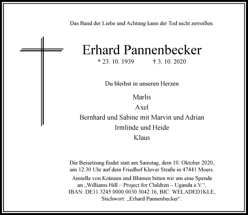  Traueranzeige für Erhard Pannenbecker vom 08.10.2020 aus Rheinische Post