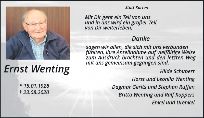  Traueranzeige für Ernst Wenting vom 02.10.2020 aus Rheinische Post