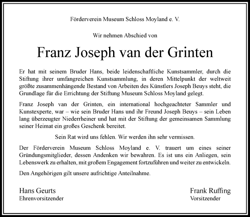  Traueranzeige für Franz Joseph van der Grinten vom 10.10.2020 aus Rheinische Post