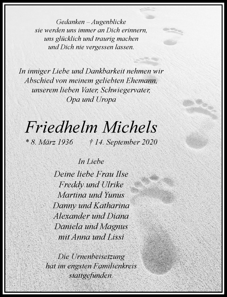  Traueranzeige für Friedhelm Michels vom 03.10.2020 aus Rheinische Post
