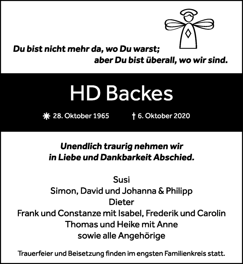  Traueranzeige für HD Backes vom 17.10.2020 aus Rheinische Post