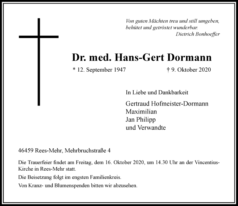 Traueranzeige für Hans-Gert Dormann vom 14.10.2020 aus Rheinische Post