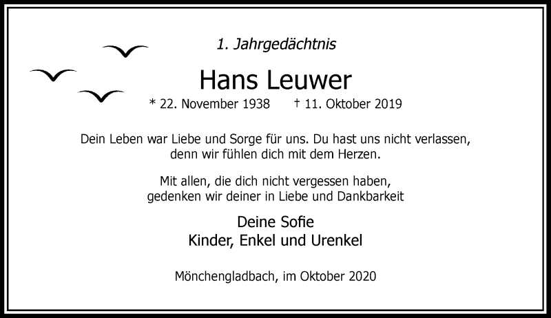  Traueranzeige für Hans Leuwer vom 10.10.2020 aus Rheinische Post