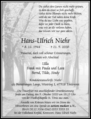 Traueranzeige von Hans-Ulrich Niehr von Rheinische Post