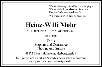 Traueranzeige von Heinz-Willi Mohr von Rheinische Post