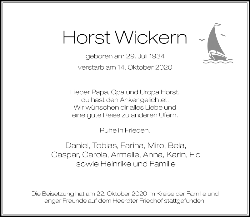 Traueranzeige für Horst Wickern vom 24.10.2020 aus Rheinische Post