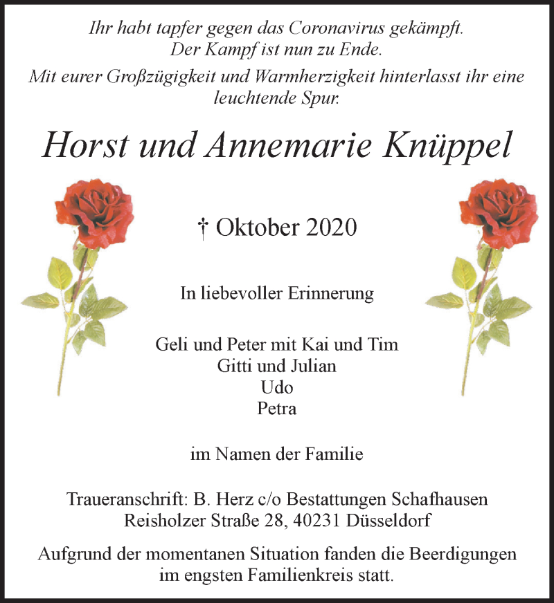  Traueranzeige für Horst und Annemarie Knüppel vom 17.10.2020 aus Rheinische Post