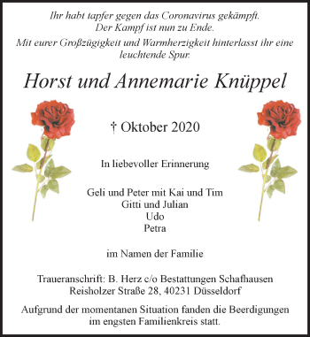 Traueranzeige von Horst und Annemarie Knüppel von Rheinische Post