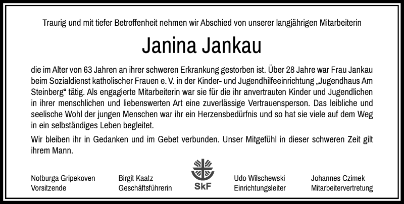  Traueranzeige für Janina Jankau vom 24.10.2020 aus Rheinische Post