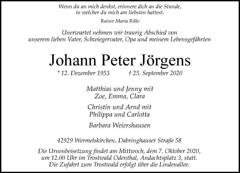  Traueranzeige für Johann Peter Jörgens vom 03.10.2020 aus Rheinische Post