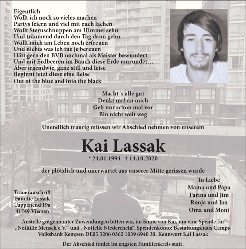  Traueranzeige für Kai Lassak vom 24.10.2020 aus Rheinische Post