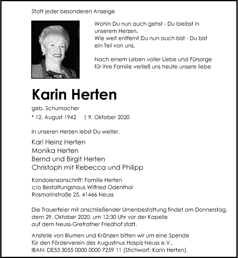  Traueranzeige für Karin Herten vom 24.10.2020 aus Rheinische Post