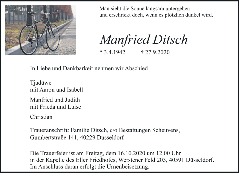  Traueranzeige für Manfried Ditsch vom 03.10.2020 aus Rheinische Post