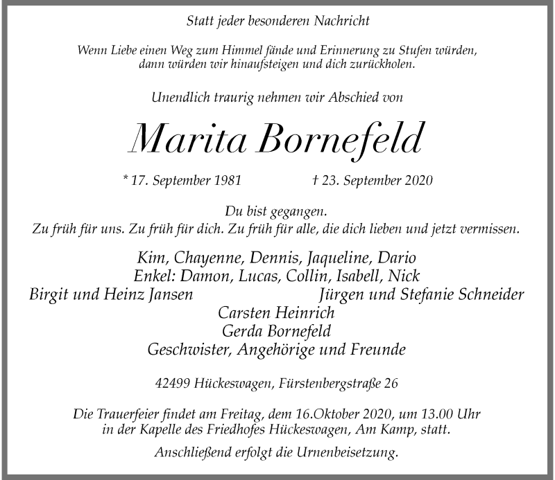  Traueranzeige für Marita Bornefeld vom 10.10.2020 aus Rheinische Post