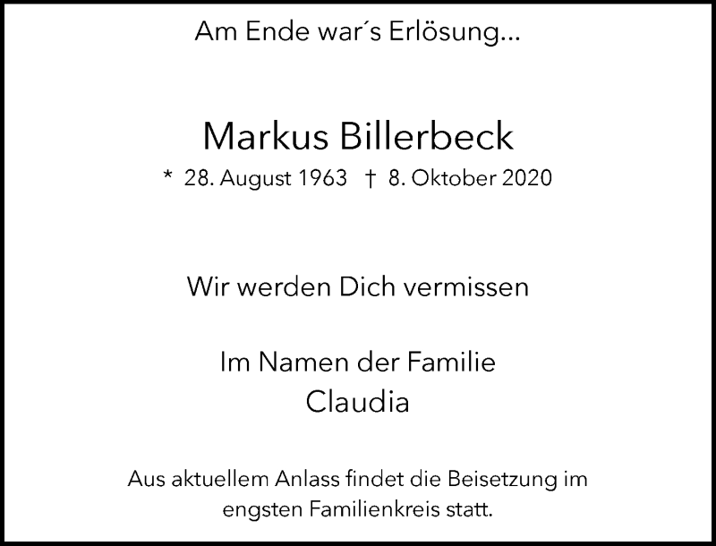  Traueranzeige für Markus Billerbeck vom 24.10.2020 aus Rheinische Post