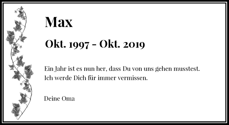  Traueranzeige für Max  vom 17.10.2020 aus Rheinische Post