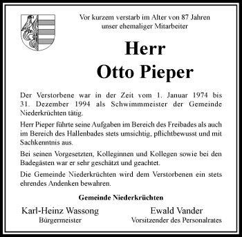 Traueranzeige von Otto Pieper von Rheinische Post