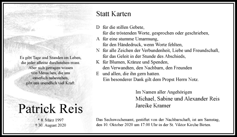  Traueranzeige für Patrick Reis vom 03.10.2020 aus Rheinische Post