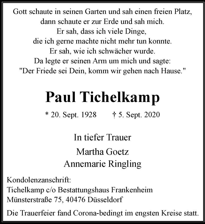  Traueranzeige für Paul Tichelkamp vom 24.10.2020 aus Rheinische Post
