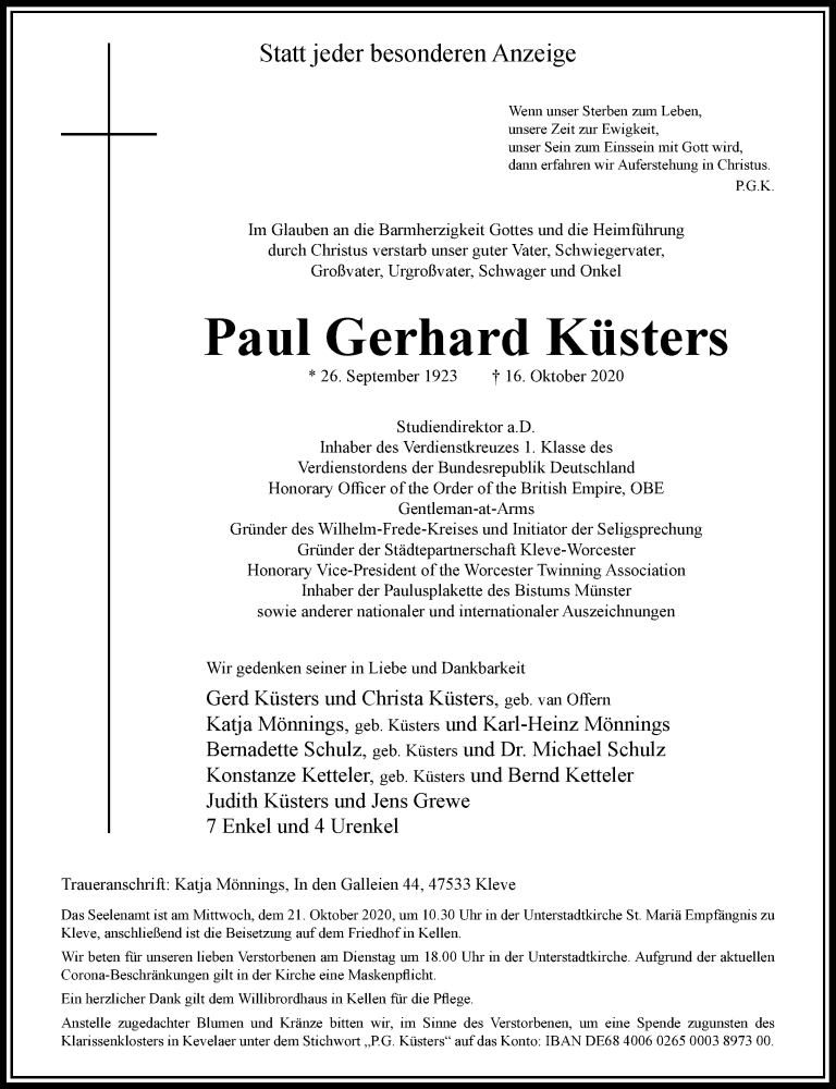  Traueranzeige für Paul Gerhard Küsters vom 19.10.2020 aus Rheinische Post