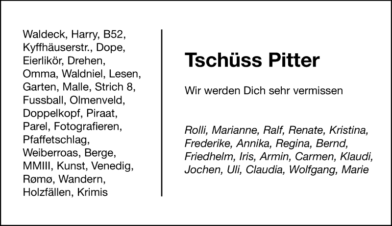  Traueranzeige für Pitter  vom 10.10.2020 aus Rheinische Post
