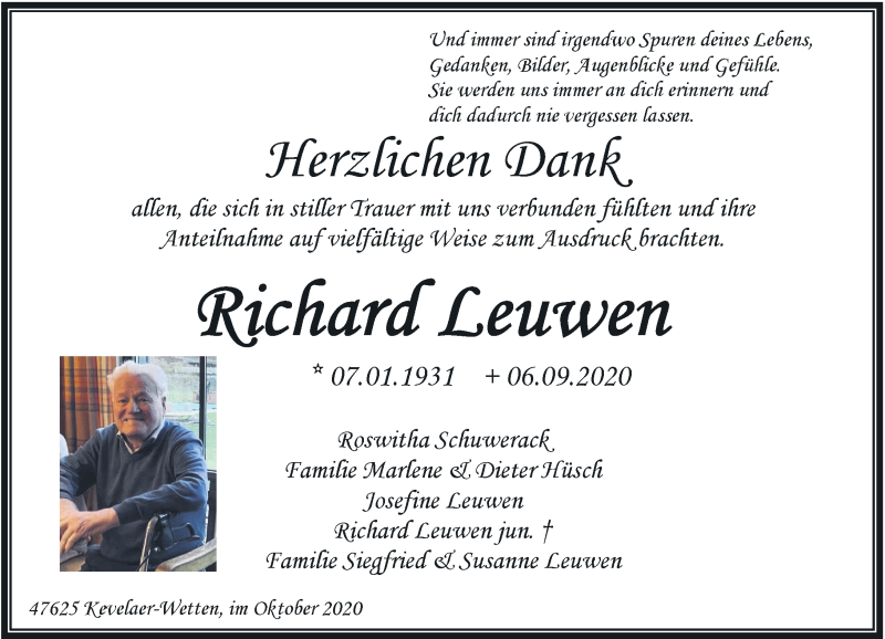  Traueranzeige für Richard Leuwen vom 24.10.2020 aus Rheinische Post