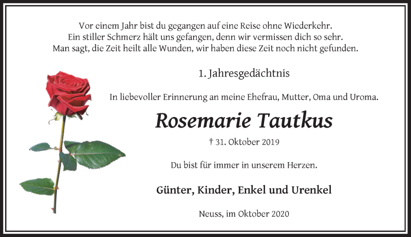  Traueranzeige für Rosemarie Tautkus vom 31.10.2020 aus Rheinische Post