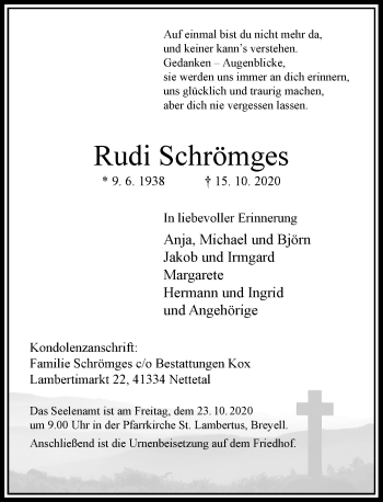 Traueranzeige von Rudi Schrömges von Rheinische Post