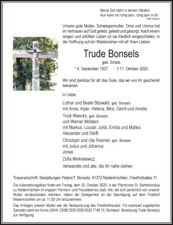 Traueranzeige von Trude Bonsels von Rheinische Post