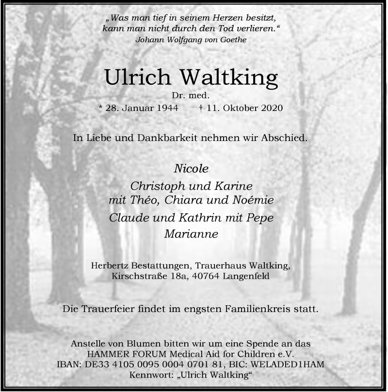  Traueranzeige für Ulrich Waltking vom 17.10.2020 aus Rheinische Post